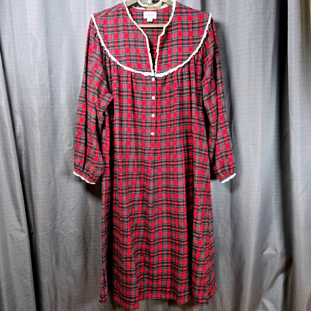 Lanz of Salzburg 100% Cotton Flannel Nightgown Red Tartan Plaid Lace Sz XL